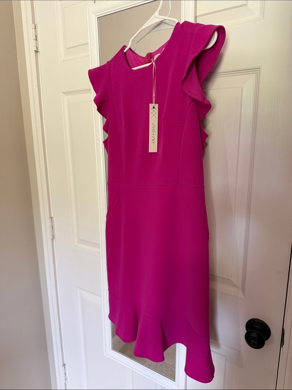 She + Sky Ruffle Sleeve Midi Dress in Fuchsia Pink